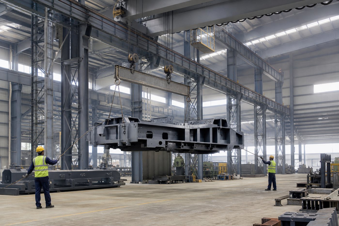 Overhead crane with an engineered spreader beam lifting a large fabricated steel assembly